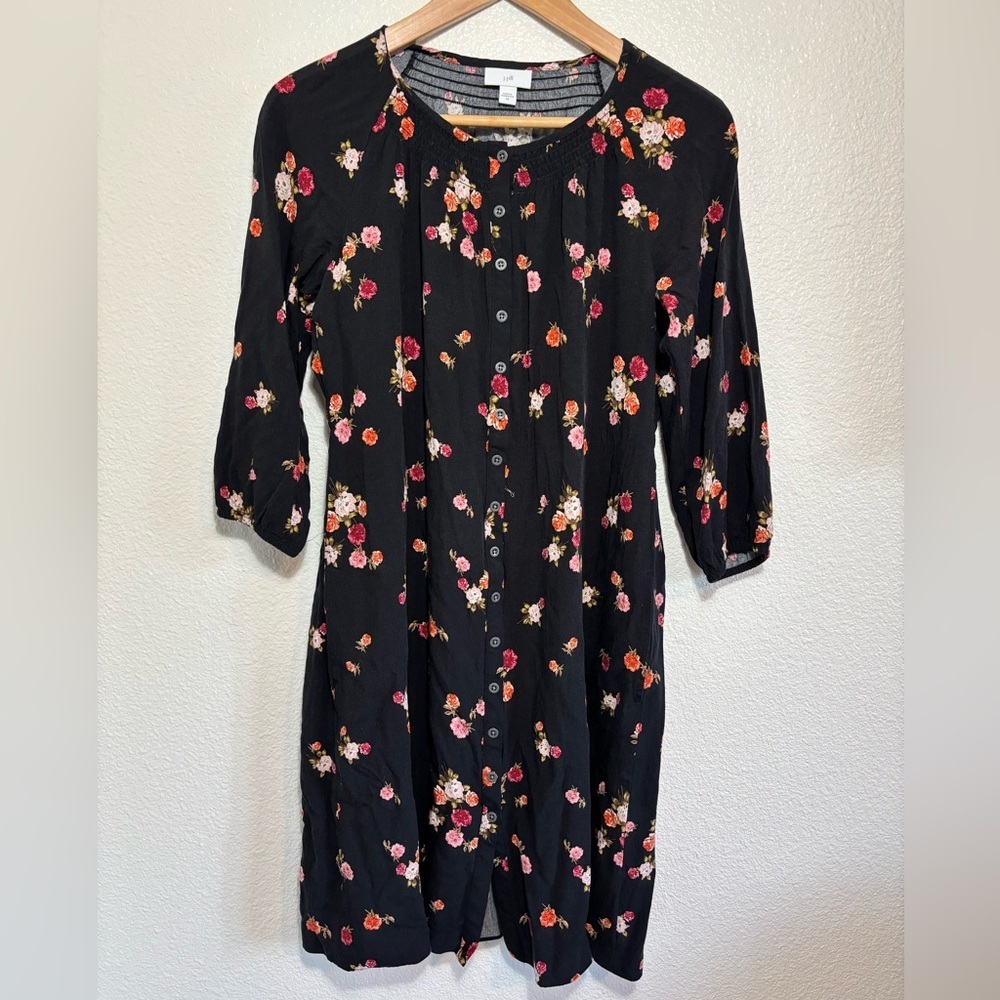 J Jill Black w Floral Button Down Dress Pockets Size XS | cottage core | dainty